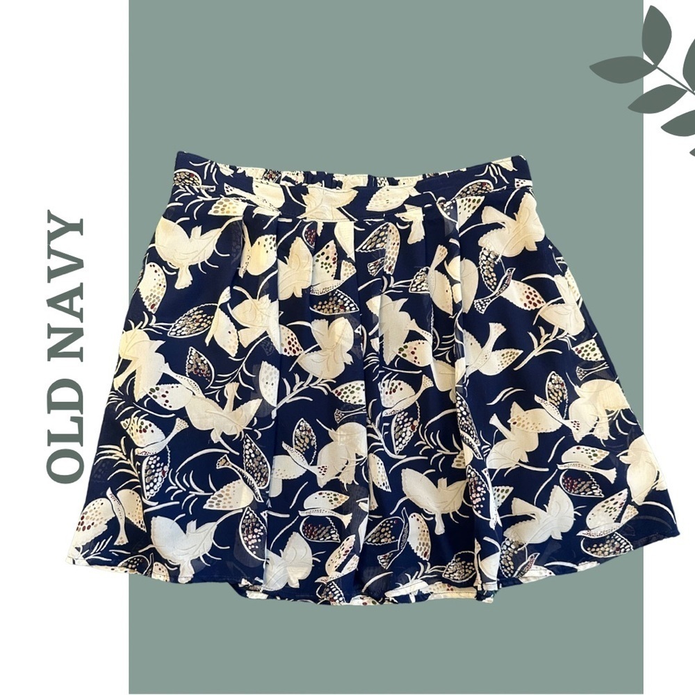 🛍️3/$40 Old Navy A-Line Skirt Floral Bird Print Lined Navy Cream Size Small